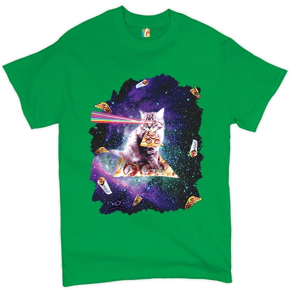 Tee Hunt Cat Firing Rainbow Laser Riding Pizza Slice in Space T-Shirt Weird Men's Tee, Green, Large