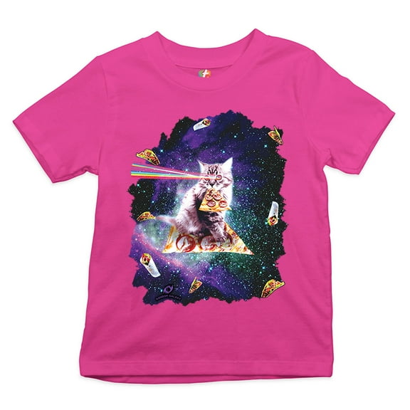 Tee Hunt Cat Firing Rainbow Laser Riding Pizza Slice in Space Youth T-Shirt Weird Kids, Pink, Medium