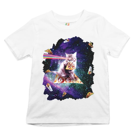Tee Hunt Cat Firing Rainbow Laser Riding Pizza Slice in Space Youth T-Shirt Weird Kids, White, Medium