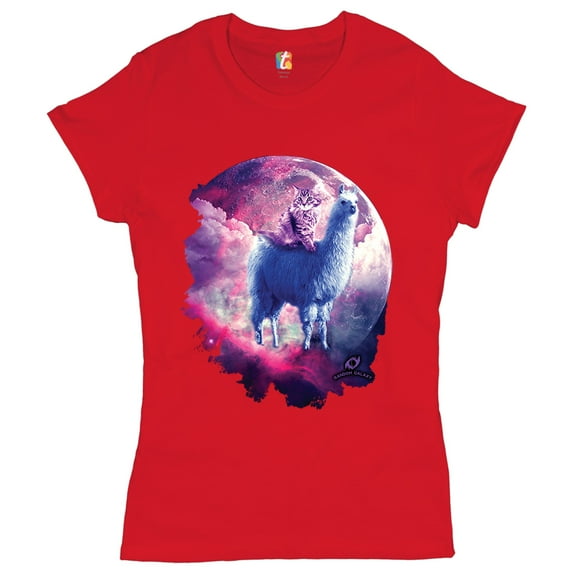 Tee Hunt Cat Riding a Llama in Space T-Shirt Weird Galaxy Moon Creative Women's T-Shirt Tee, Red, Large