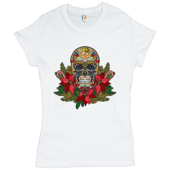 Tee Hunt Christmas Calavera T-Shirt Sugar Skull Holiday Spirit Mistletoe Women's T-Shirt Tee, White, Small
