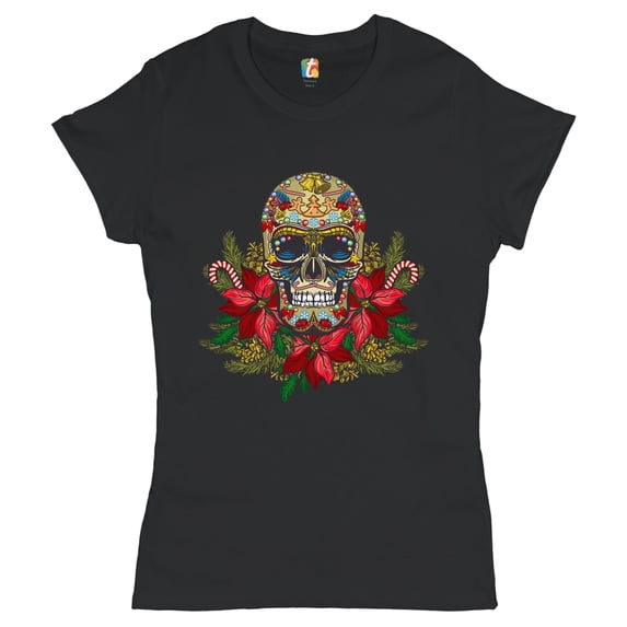 Tee Hunt Christmas Calavera T-Shirt Sugar Skull Holiday Spirit Mistletoe Women's T-Shirt Tee