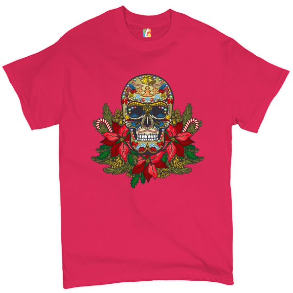 Tee Hunt Christmas Calavera T-shirt Sugar Skull Holiday Spirit Mistletoe Men's Tee, Hot Pink, 4X-Large