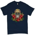 thumbnail image 1 of Tee Hunt Christmas Calavera T-shirt Sugar Skull Holiday Spirit Mistletoe Men's Tee, Navy Blue, X-Large, 1 of 5