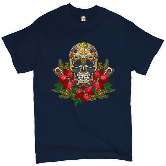 Tee Hunt Christmas Calavera T-shirt Sugar Skull Holiday Spirit Mistletoe Men's Tee, Navy Blue, X-Large
