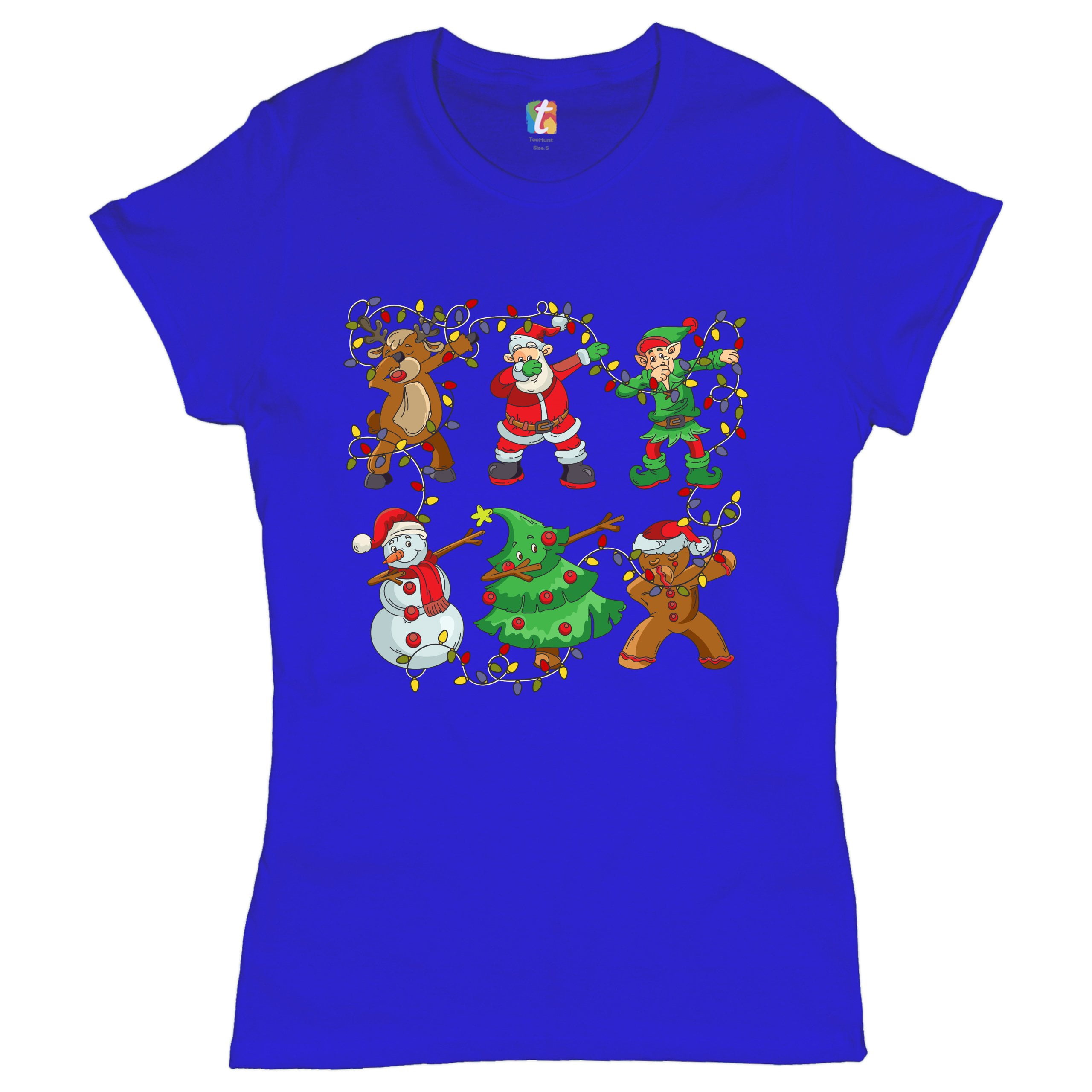 Tee Hunt Christmas Crew Dabbing T-Shirt Reindeer Santa Claus Elf Snowman Women's T-Shirt Tee, Blue, Small
