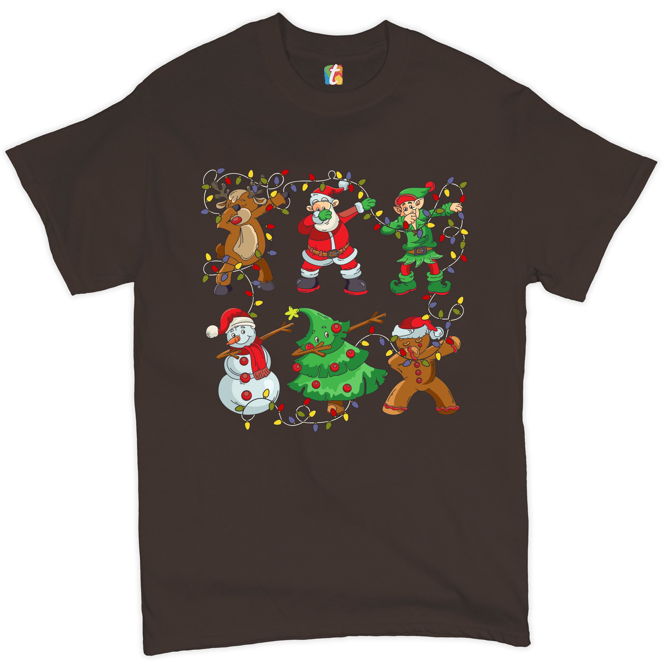 Tee Hunt Christmas Crew Dabbing T-shirt Reindeer Santa Claus Elf Snowman Men's Tee, Brown, X-Large