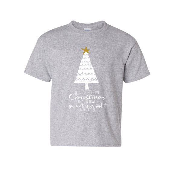 Tee Hunt Christmas in Your Heart Youth T-Shirt Xmas Christmas Tree Jingle Bells Kids Tee, Gray, Large