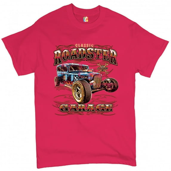 Tee Hunt Classic Roadster Garage T-Shirt Vintage Hot Rod Route 66 Muscle Car Men's Tee, Hot Pink, X-Large