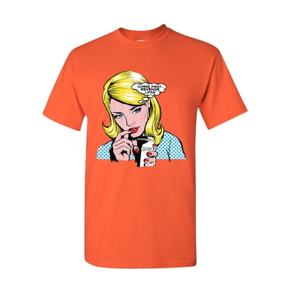 Tee Hunt Coffee First Revenge Later T-Shirt Funny Comic Pop Art Sarcastic Mens Shirt, Orange, XX-Large