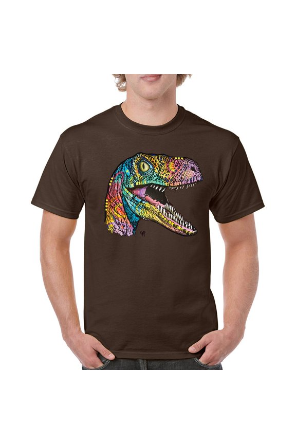 Colorful Raptor T-Shirt Dean Russo Neon Dinosaur Pattern Men's Tee, Brown, Medium