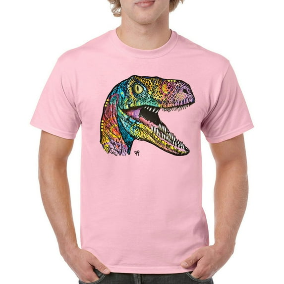 Tee Hunt Colorful Raptor T-Shirt Dean Russo Neon Dinosaur Pattern Men's Tee, Light Pink, X-Large