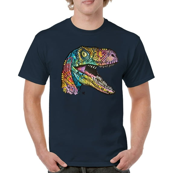 Tee Hunt Colorful Raptor T-Shirt Dean Russo Neon Dinosaur Pattern Men's Tee, Navy Blue, 5X-Large