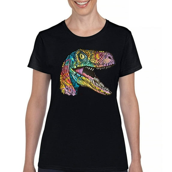 Tee Hunt Colorful Raptor T-Shirt Dean Russo Neon Dinosaur Pattern Women's T-Shirt Tee, Black, Medium