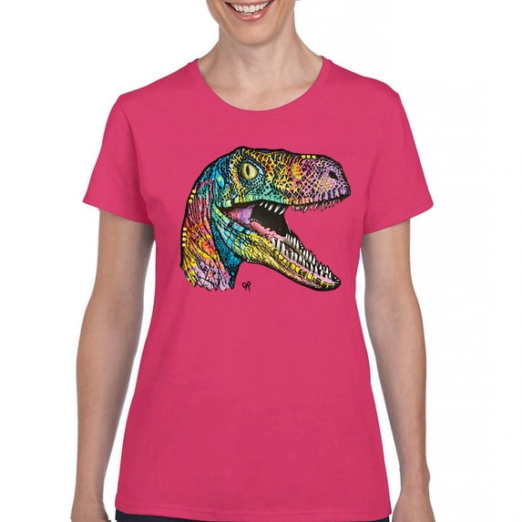 Tee Hunt Colorful Raptor T-Shirt Dean Russo Neon Dinosaur Pattern Women's T-Shirt Tee, Pink, Medium