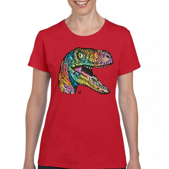 Tee Hunt Colorful Raptor T-Shirt Dean Russo Neon Dinosaur Pattern Women's T-Shirt Tee, Red, Large