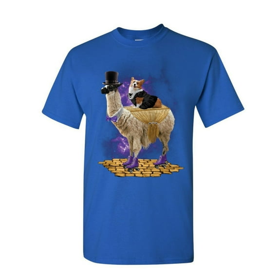 Tee Hunt Corgi Riding a Gentleman Llama T-Shirt Funny Weird Universe Dog Mens Shirt, Blue, 5X-Large