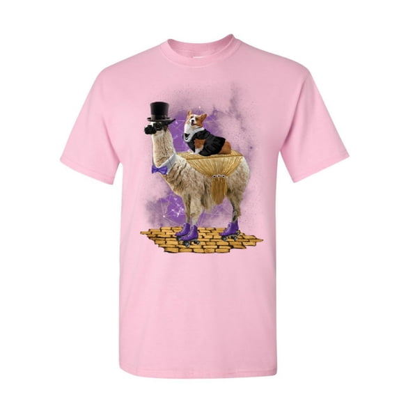 Tee Hunt Corgi Riding a Gentleman Llama T-Shirt Funny Weird Universe Dog Mens Shirt, Light Pink, Large