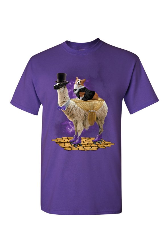 Corgi Riding a Gentleman Llama T-Shirt Funny Weird Universe Dog Mens Shirt, Purple, Medium