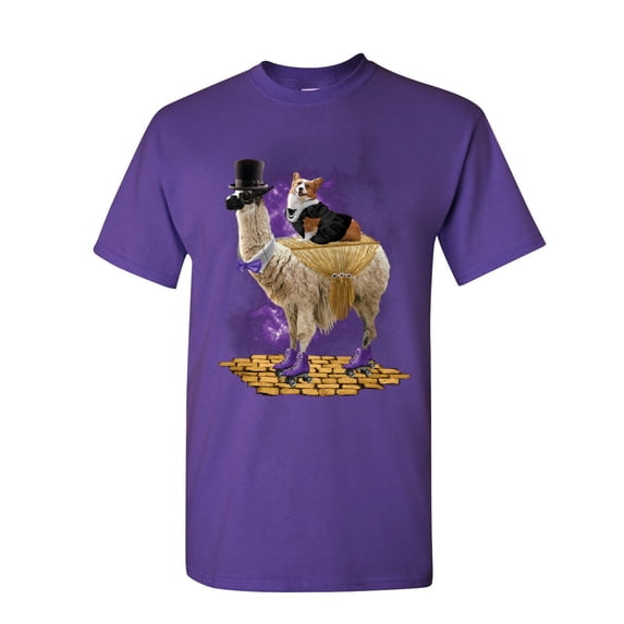 Tee Hunt Corgi Riding a Gentleman Llama T-Shirt Funny Weird Universe Dog Mens Shirt, Purple, XX-Large