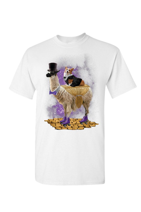 Corgi Riding a Gentleman Llama T-Shirt Funny Weird Universe Dog Mens Shirt, White, Large