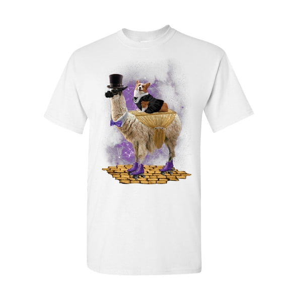 Tee Hunt Corgi Riding a Gentleman Llama T-Shirt Funny Weird Universe Dog Mens Shirt, White, Small