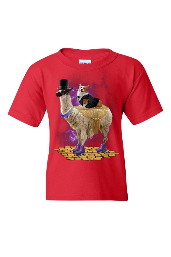 Corgi Riding a Gentleman Llama Youth T-Shirt Funny Weird Universe Dog Kids Tee, Red, Medium