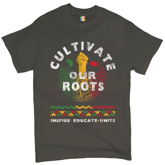 Tee Hunt Cultivate Our Roots T-shirt Inspire Educate Unite African American Men's Tee, Charcoal, Small