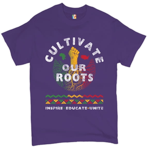 Tee Hunt Cultivate Our Roots T-shirt Inspire Educate Unite African American Men's Tee, Purple, Large