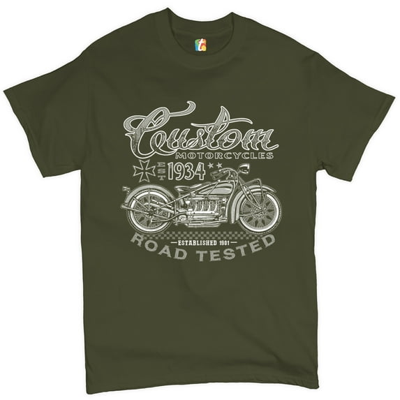 Tee Hunt Custom Motorcycles Road Tested T-Shirt Bobber Biker Gang MC Men's Tee, Military Green, 5X-Large
