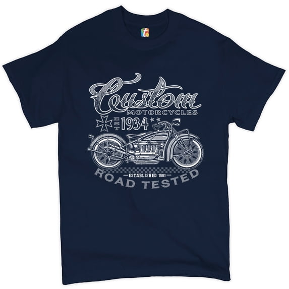 Tee Hunt Custom Motorcycles Road Tested T-Shirt Bobber Biker Gang MC Men's Tee, Navy Blue, 4X-Large