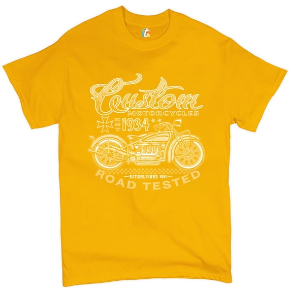 Tee Hunt Custom Motorcycles Road Tested T-Shirt Bobber Biker Gang MC Men's Tee, Yellow, X-Large