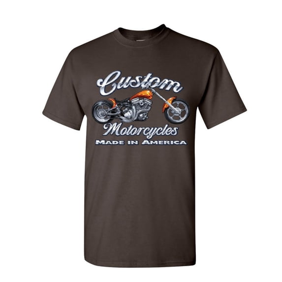 Tee Hunt Custom Motorcycles T-Shirt Biker Chopper American Tradition USA Mens Shirt, Brown, Large