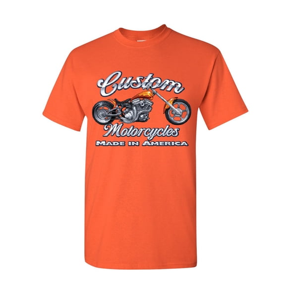 Tee Hunt Custom Motorcycles T-Shirt Biker Chopper American Tradition USA Mens Shirt, Orange, Large