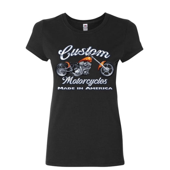 Tee Hunt Custom Motorcycles Women's T-Shirt Biker Chopper American Tradition USA Shirt, Black, XX-Large