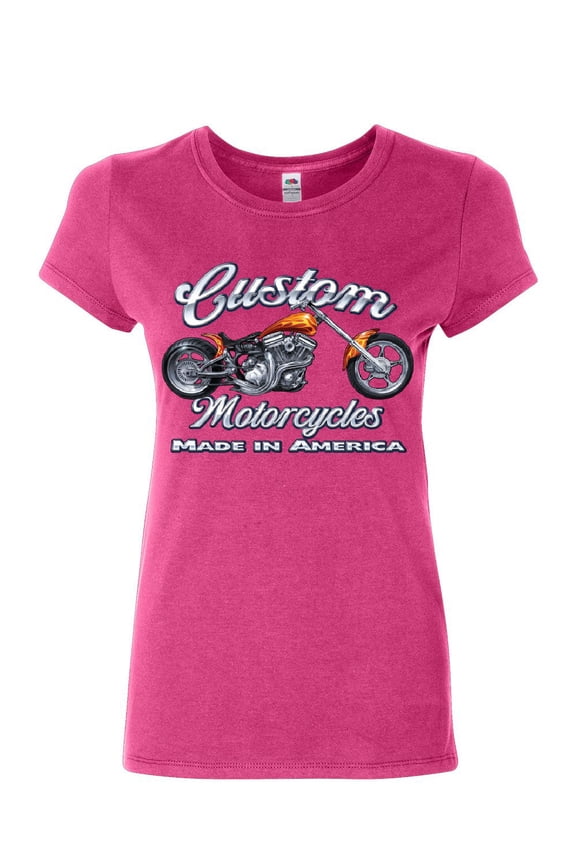 Custom Motorcycles Women's T-Shirt Biker Chopper American Tradition USA Shirt, Pink, Small