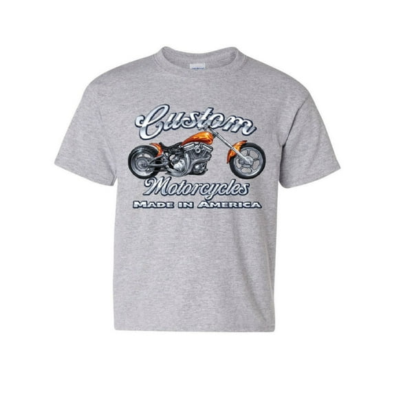 Tee Hunt Custom Motorcycles Youth T-Shirt Biker Chopper American Tradition USA Kids Tee, Gray, X-Large