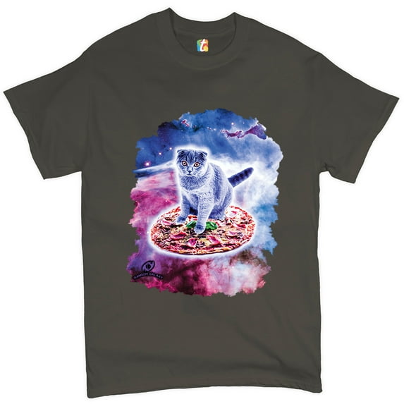 Tee Hunt Cute Cat Riding a Pizza in Galaxy T-shirt Funny Kitty Space Kitten Men's Tee, Charcoal, 4X-Large