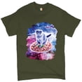 thumbnail image 1 of Tee Hunt Cute Cat Riding a Pizza in Galaxy T-shirt Funny Kitty Space Kitten Men's Tee, Military Green, Small, 1 of 5