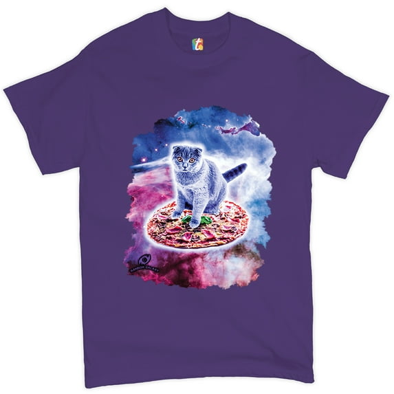 Tee Hunt Cute Cat Riding a Pizza in Galaxy T-shirt Funny Kitty Space Kitten Men's Tee, Purple, XX-Large