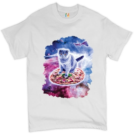 Tee Hunt Cute Cat Riding a Pizza in Galaxy T-shirt Funny Kitty Space Kitten Men's Tee, White, Medium