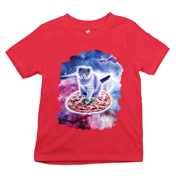 Tee Hunt Cute Cat Riding a Pizza in Galaxy Youth T-Shirt Funny Kitty Space Kitten Kids, Red, Small