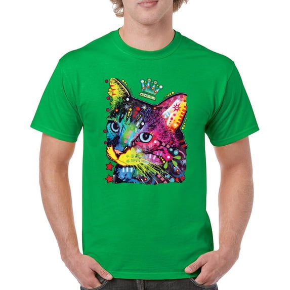 Tee Hunt Cute Thinking Crowned Cat T-Shirt Dean Russo Colorful Kitte Men's Tee, Green, 3X-Large