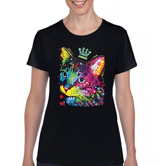 Tee Hunt Cute Thinking Crowned Cat T-Shirt Dean Russo Colorful Kitte Women's T-Shirt Tee, Black, XX-Large