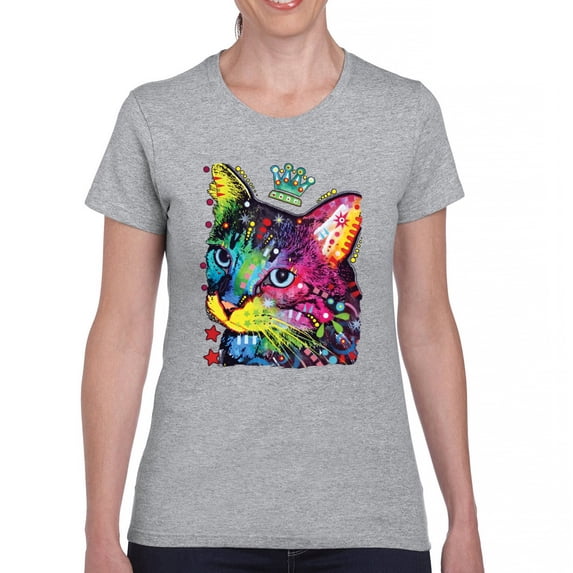Tee Hunt Cute Thinking Crowned Cat T-Shirt Dean Russo Colorful Kitte Women's T-Shirt Tee, Gray, 3X-Large