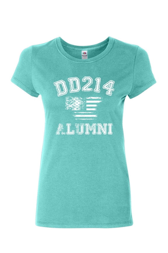 DD214 Alumni Distressed American Flag Women's T-Shirt Military Veteran Shirt, Light Blue, Large