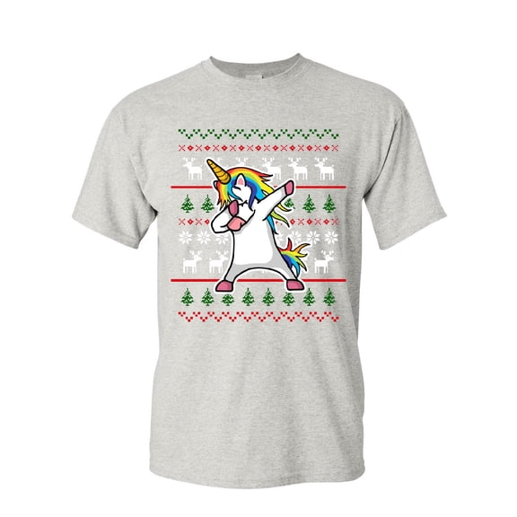 Tee Hunt Dabbing Unicorn Ugly Sweater T-Shirt Christmas Xmas Dab Rudolph Mens Shirt, Ash Gray, X-Large