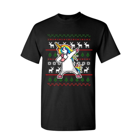 Tee Hunt Dabbing Unicorn Ugly Sweater T-Shirt Christmas Xmas Dab Rudolph Mens Shirt, Black, Medium