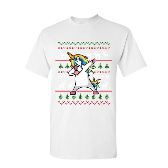 Tee Hunt Dabbing Unicorn Ugly Sweater T-Shirt Christmas Xmas Dab Rudolph Mens Shirt, White, Small
