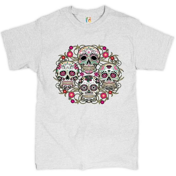 Tee Hunt Day of The Dead Floral Sugar Skulls T-Shirt Dia de Los Muertos Men's Tee, Ash Gray, Small